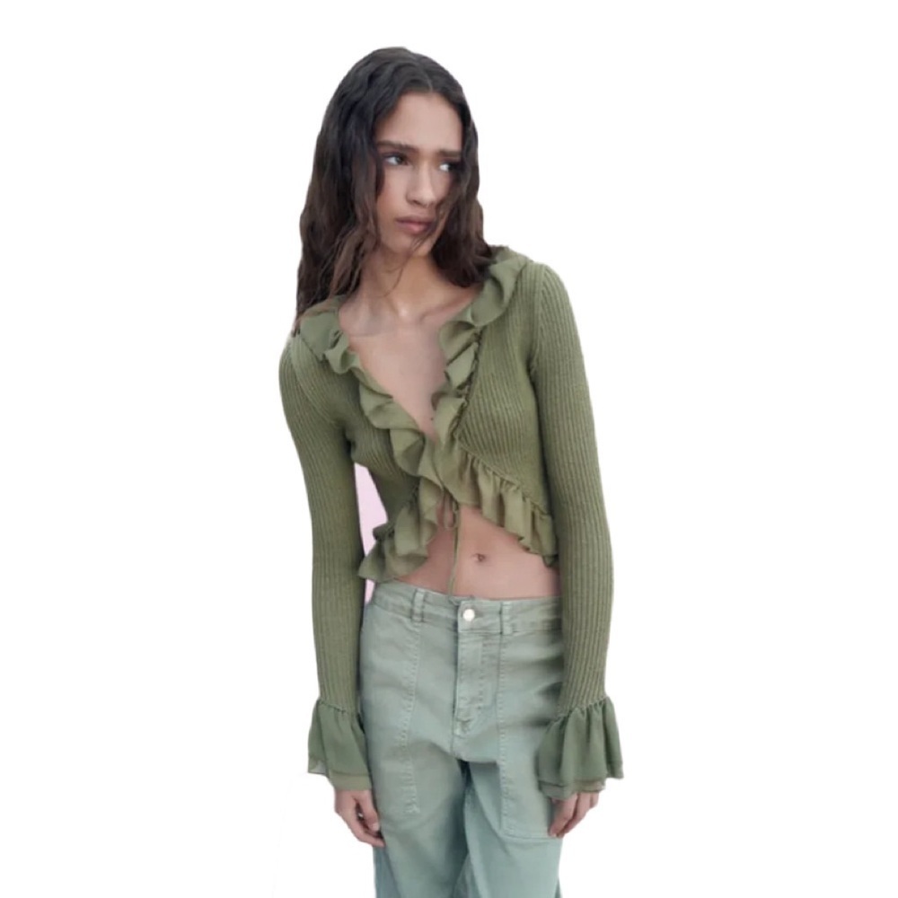 Zara Green Ruffled Knit Cardigan - Picture 8 of 9